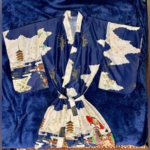 L Floor length Blue/White Satin Kimono